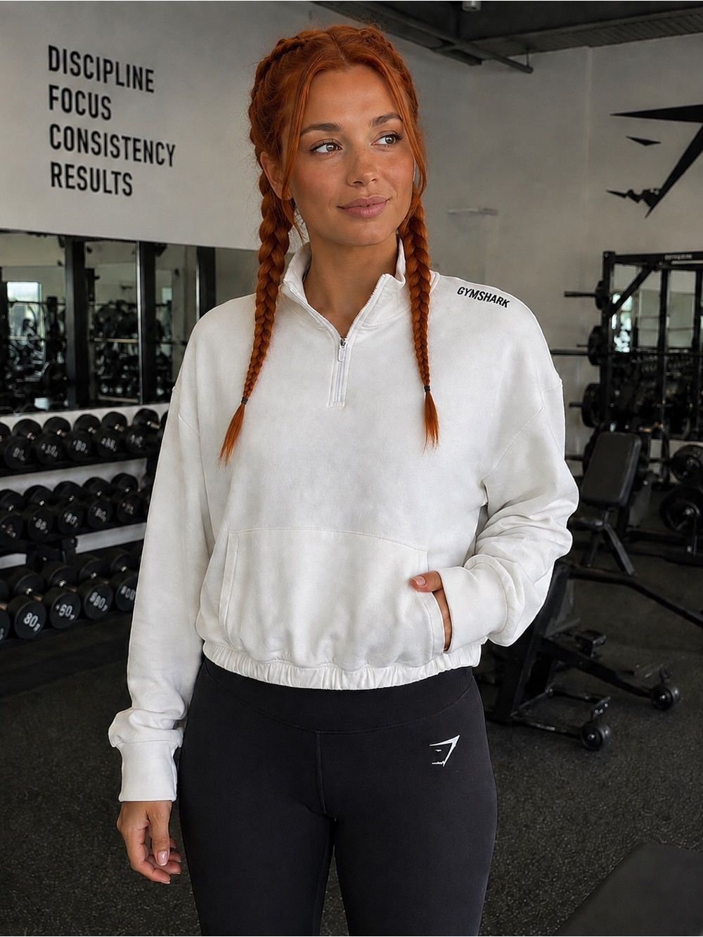 Gymshark White Quarter-Zip Cropped Pullover – Size Medium